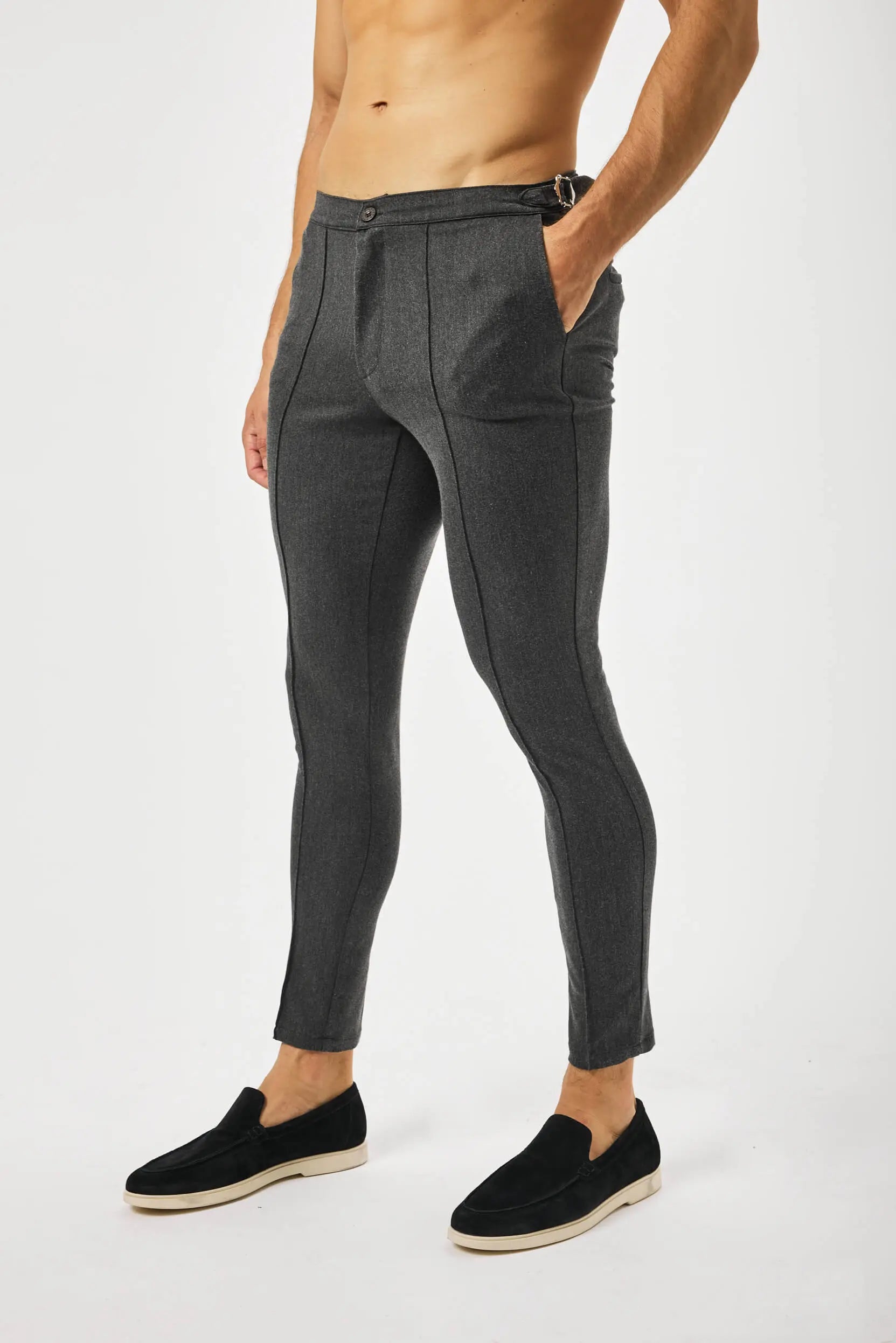 Calça Alfaiataria Masculina Lisa C/Ajuste Lateral Cinza Escuro