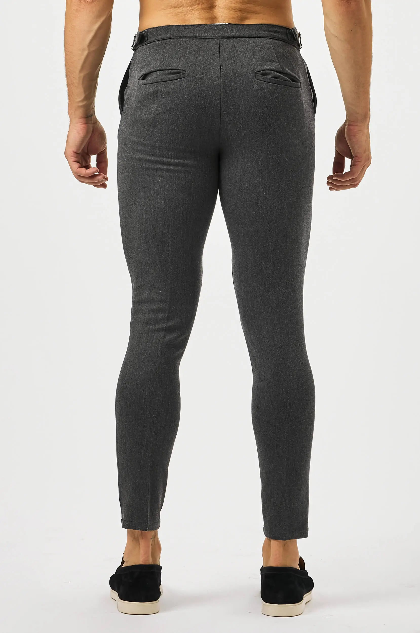 Calça Alfaiataria Masculina Lisa C/Ajuste Lateral Cinza Escuro