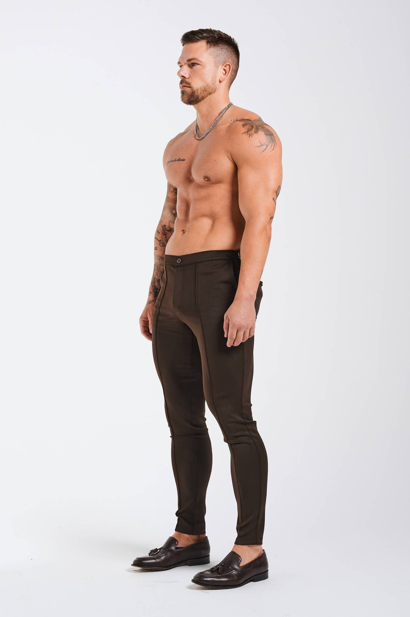 Calça Alfaiataria Masculina Lisa c/ Ajuste Lateral Marrom Elite