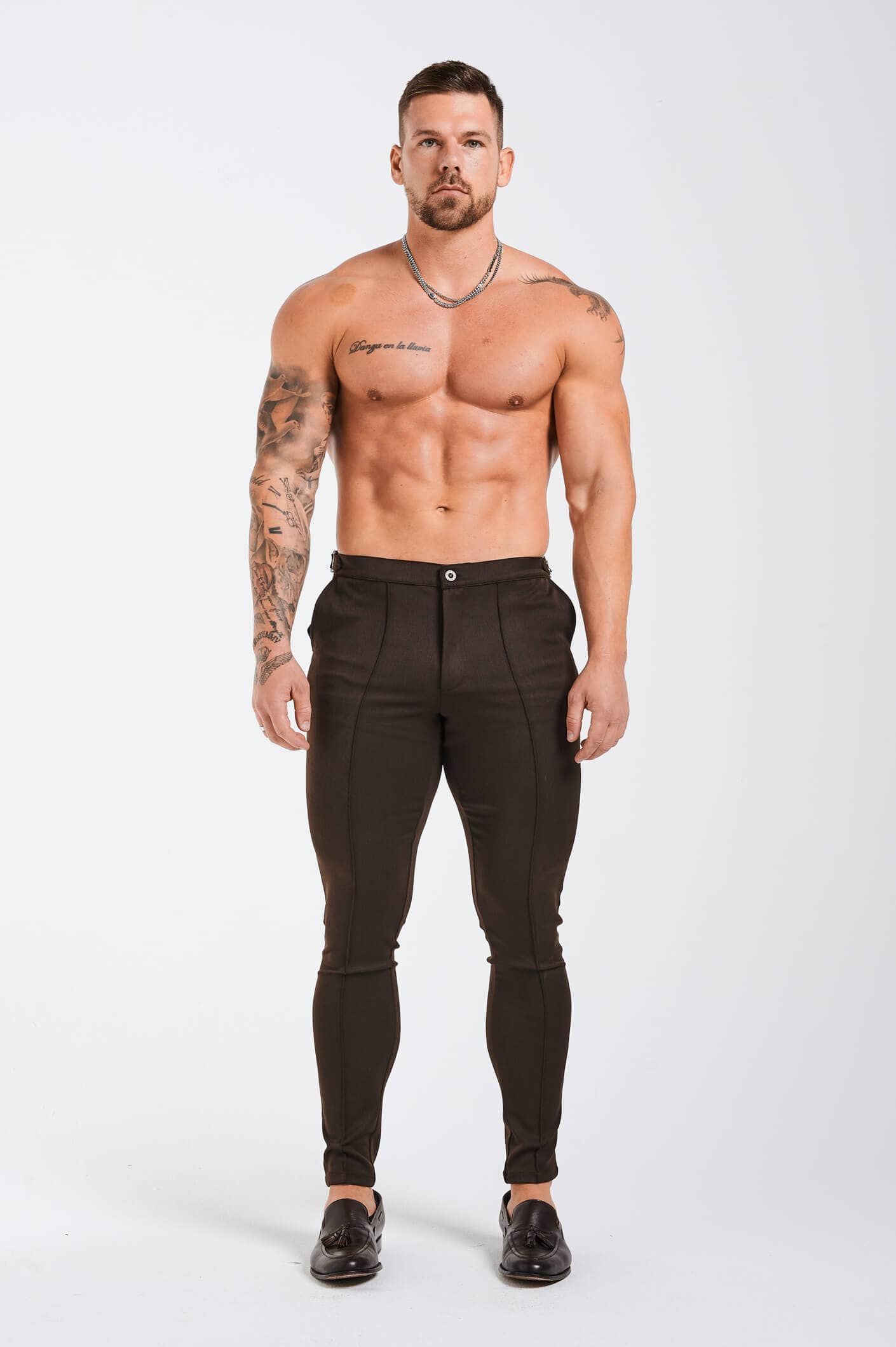Calça Alfaiataria Masculina Lisa c/ Ajuste Lateral Marrom Elite