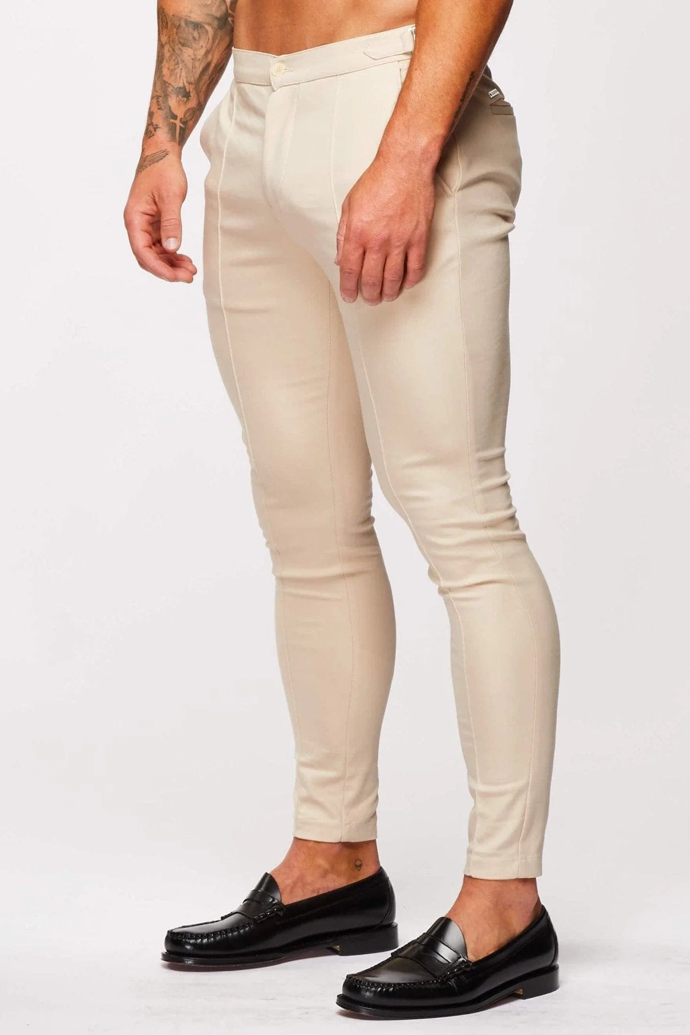 Calça Masculina Lisa Slim Fit c/ Ajuste Lateral Bege Elite