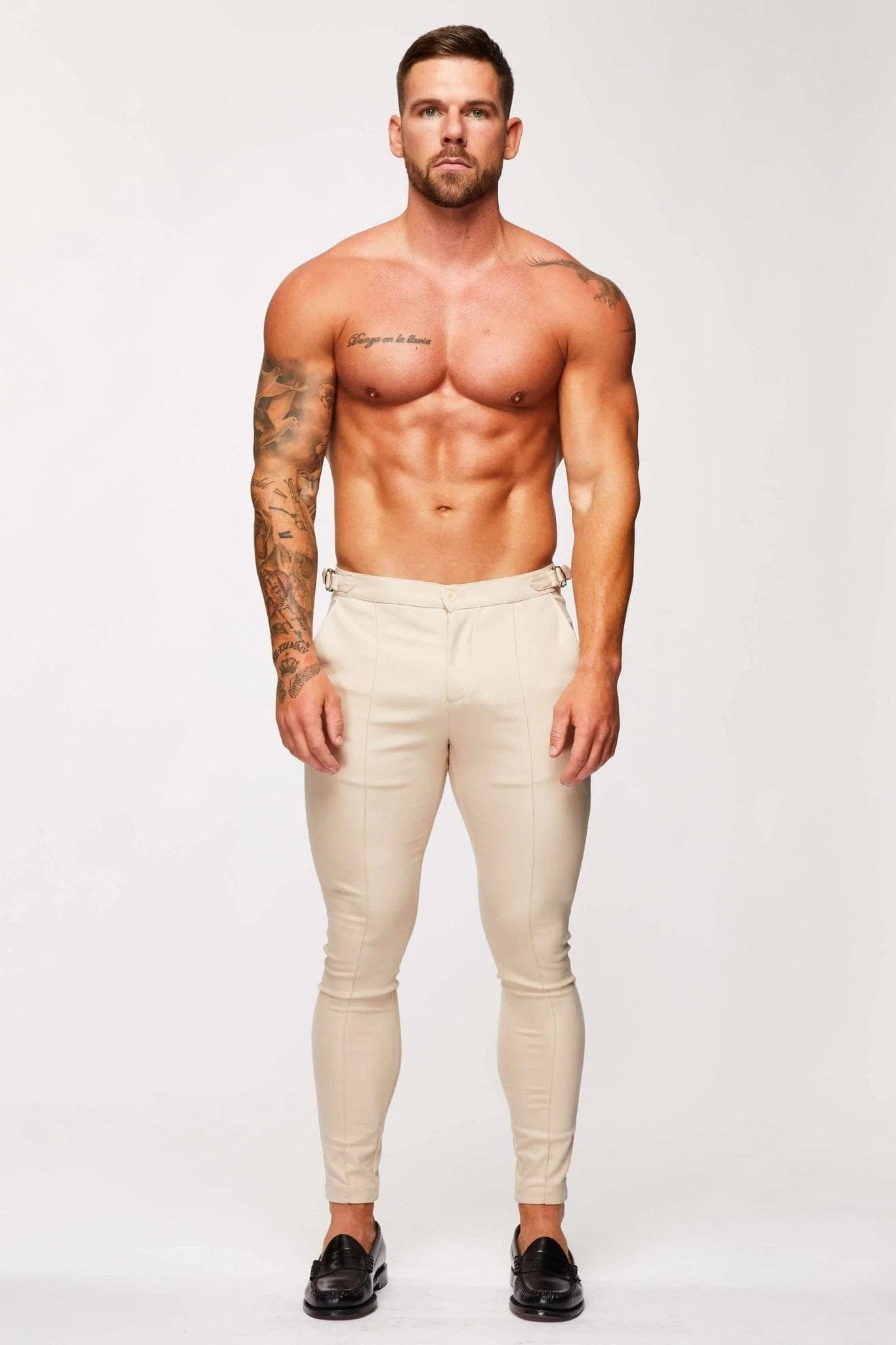 Calça Masculina Lisa Slim Fit c/ Ajuste Lateral Bege Elite